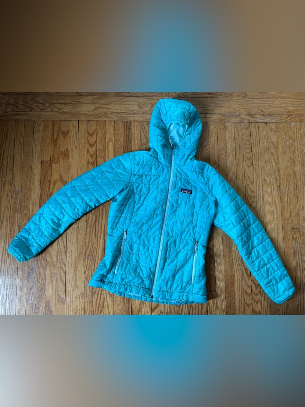 Patagonia Women’s Turquoise Quilted Hooded Puffer Jacket size Small